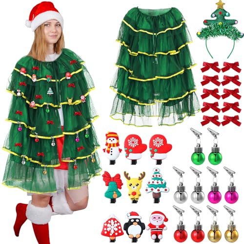 Mepase 32-teiliges Weihnachtsbaum-Kostüm-Outfit für Damen, inklusive Weihnachtsumhang, Weihnachtsbaum-Stirnband mit 10 Haarspangen, 10 Schleifenklammern, 10 Weihnachtskugeln, Dekoration für Urlaub von Mepase