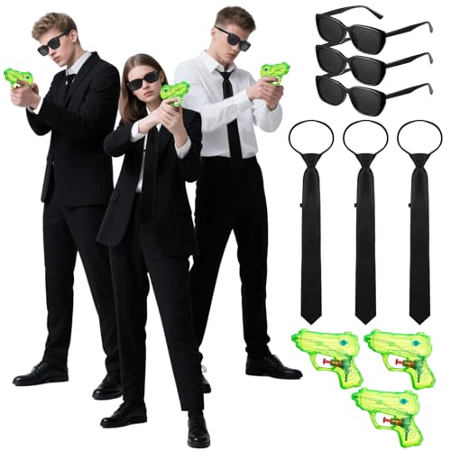 Mepase 3er-Set Spionageagent-Kostüm, Geheimsicherheitsdienst, Wachmann, Kostüm, Zubehör, Sonnenbrille, verstellbare Reißverschlüsse und gefälschte Pistole für Erwachsene, Männer, Frauen, Halloween von Mepase
