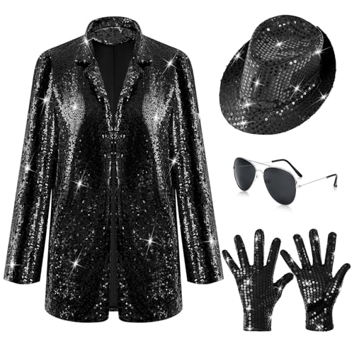 Mepase 4 Stück Damen Tanzstern-Kostüm 80er 90er Disco Retro Kostüm Pop Bühne Cosplay Party Halloween Rollenspiel, schwarz/silberfarben, L von Mepase