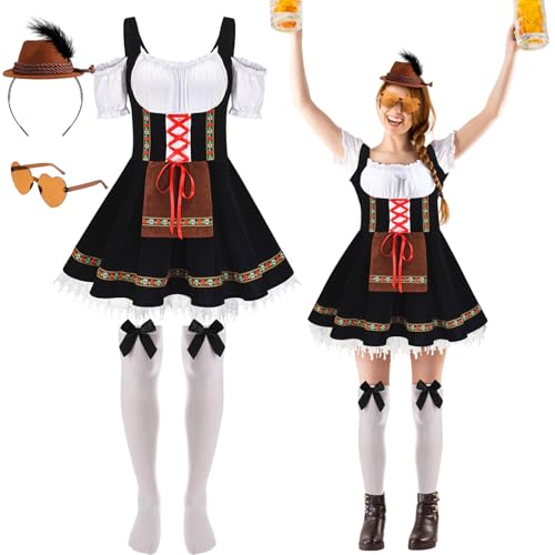 Mepase 4-teiliges Oktoberfest-Kostüm-Set für Damen, inklusive Oktoberfestkleid, deutsches Mini-Stirnband, Baumwollsocke, Herz-Sonnenbrille von Mepase