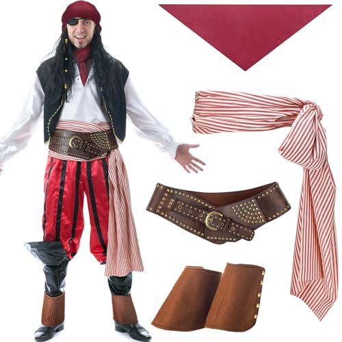 Mepase 4-teiliges Piraten-Kostüm-Zubehör, inklusive Kapitän-Kostüm-Gürtel, braune Beinstulpen, rotes Stirnband für Halloween, Rollenspiele, Themenaktivitäten von Mepase