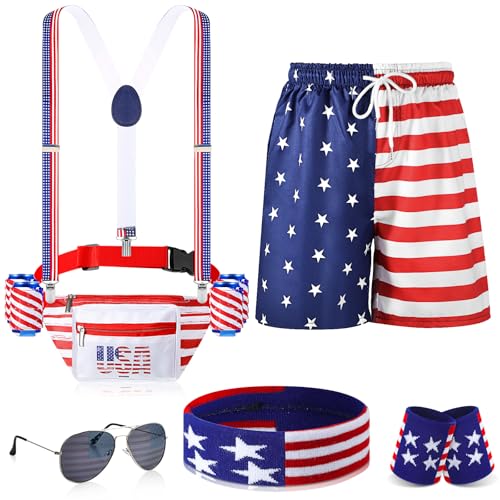 Mepase 4. Juli Kostümzubehör-Set, Unabhängigkeitstag, Bauchtasche mit Getränkehalter, amerikanische Flagge, Herren-Shorts, Größe M Mepase 4. Juli Kostümzubehör-Set, Unabhängigkeitstag, Bauchtasche mit Getränkehalter, amerikanische Flagge, Herren-Shorts, Größe M von Mepase