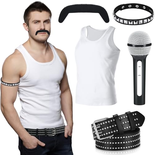 Mepase 5-teiliges Halloween-Kostüm-Set für Herren, 80er-Jahre-Kostüm, Weste, Mikrofon, Gürtel, Kragen, Bartzubehör für Erwachsene, Cosplay, weiß / schwarz, 3XL Mepase 5-teiliges Halloween-Kostüm-Set für Herren, 80er-Jahre-Kostüm, Weste, Mikrofon, Gürtel, Kragen, Bartzubehör für Erwachsene, Cosplay, weiß / schwarz, 3XL von Mepase