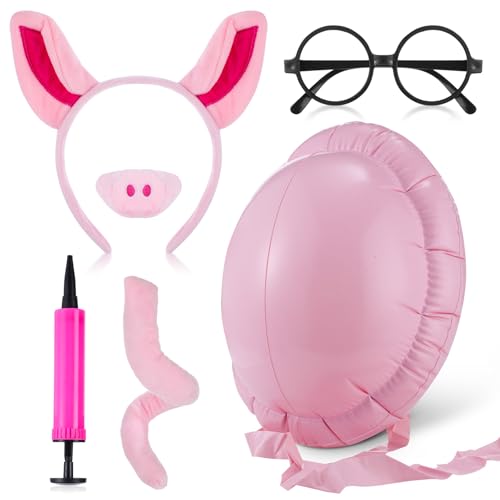 Mepase 5-teiliges Halloween-Schweine-Kostüm-Zubehör-Set beinhaltet Ohren, Stirnband, Nasenschwanz, aufblasbarer falscher schwangerer Bauch und Brille, rosa Verkleidungs-Set für Halloween, Cosplay Mepase 5-teiliges Halloween-Schweine-Kostüm-Zubehör-Set beinhaltet Ohren, Stirnband, Nasenschwanz, aufblasbarer falscher schwangerer Bauch und Brille, rosa Verkleidungs-Set für Halloween, Cosplay von Mepase