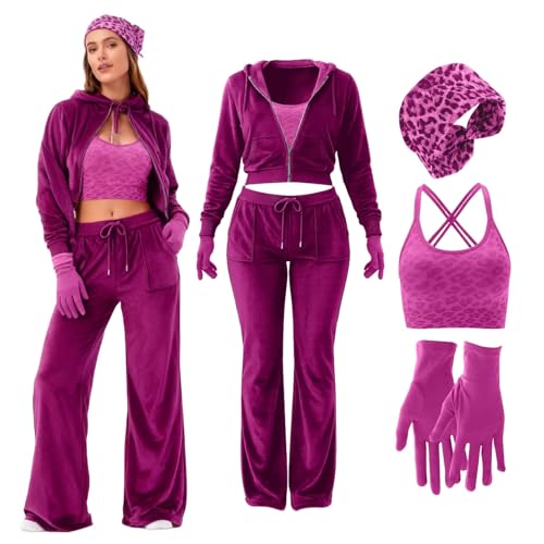 Mepase 5-teiliges Velours-Trainingsanzug-Set für Damen, gemütliches Velours-Outfit, Leopardenmuster, Sport-BH, Stirnband, Handschuhe für Halloween-Kostüm, Pink, L von Mepase