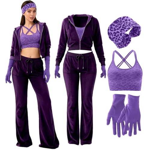 Mepase 5-teiliges Velours-Trainingsanzug-Set für Damen, gemütliches Velours-Outfit, Leopardenmuster, Sport-BH, Stirnband, Handschuhe für Halloween-Kostüm, Violett, M von Mepase