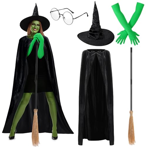Mepase 5-teiliges grünes Halloween-Hexenkostüm-Zubehör, inklusive schwarzem Umhang, Hexenhut, Brille und Besen-Handschuhe für Damen, Erwachsene, Halloween, Film, Cosplay, Rollenspiel, Party-Outfits Mepase 5-teiliges grünes Halloween-Hexenkostüm-Zubehör, inklusive schwarzem Umhang, Hexenhut, Brille und Besen-Handschuhe für Damen, Erwachsene, Halloween, Film, Cosplay, Rollenspiel, Party-Outfits von Mepase