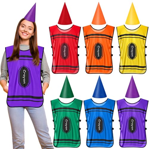 Mepase 6 Sets Buntstift-Kostüm mit lustigem Zwergkegel, Hüte, Filz und Farbe, Buntstiftweste für Erwachsene, Kostüm, Halloween, Party, Cosplay, Verkleiden von Mepase
