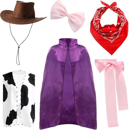 Mepase 6 Stück Halloween-Paar-Cowboy-Kostüm, Paar-Outfit für Männer und Frauen, inklusive violettem Umhang, Schäferhund-Gürtel, rosa Schleife, Haarnadel, Western-Cowboyhut, Kuh-Muster, Weste, passend Mepase 6 Stück Halloween-Paar-Cowboy-Kostüm, Paar-Outfit für Männer und Frauen, inklusive violettem Umhang, Schäferhund-Gürtel, rosa Schleife, Haarnadel, Western-Cowboyhut, Kuh-Muster, Weste, passend von Mepase