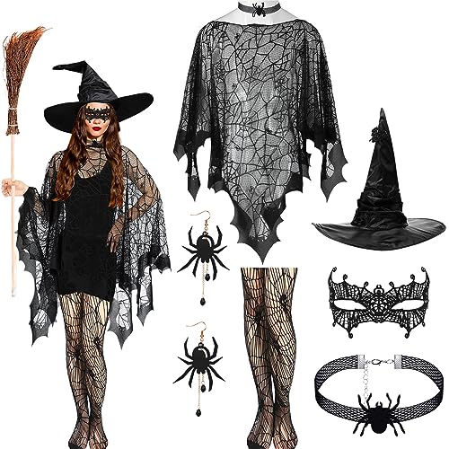Mepase 6 Stück Halloween schwarzes Spinnennetz-Kostüm-Zubehör für Frauen inklusive Spinnennetz-Poncho, Spinnennetzstrumpfhose, Spinnenhalskette, Spinnenohrringe und Hexenhut-Maske für Halloween, von Mepase