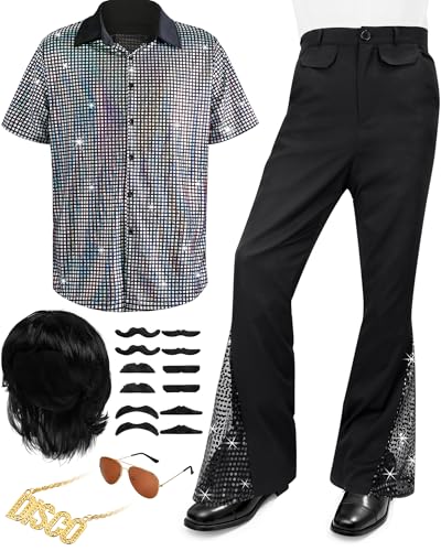 Mepase 6 Stück Herren 70er Jahre Disco Outfit Kostüm Retro 80er Jahre Glockenunterteil Hose Kurzarm Hemd Perücken Halskette Schnurrbart Sonnenbrille (Silber, XL) von Mepase