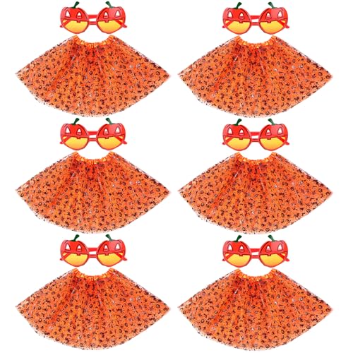 Mepase 6er-Set Halloween-Tutu-Kostüm, Tutu, Tüll, Röcke, Sonnenbrille für Damen und Erwachsene, Halloween, Cosplay, Partyzubehör, Orange/Abendrot im Zickzackmuster (Sunset Chevron), length of about von Mepase