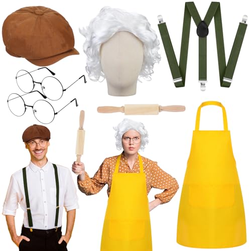 Mepase 7-teiliges Halloween-Kostüm-Zubehör für Mut, Oma, Paar, inklusive gelber Schürze, Perücke, runde Brille, Newsboy-Mütze, Hosenträger mit hölzernem Nudelholz für Erwachsene, Halloween, Cosplay von Mepase