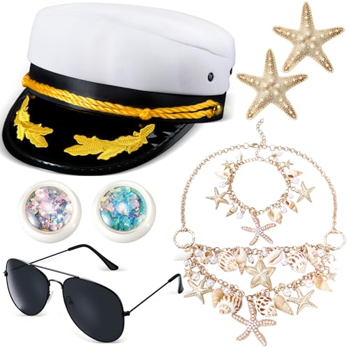 Mepase 8 Stück Kapitän Meerjungfrau Paar Kostüm Zubehör Kapitän Hut Sonnenbrille Muschel Seestern Halskette Armbänder Haarspangen und Gesicht Körper Glitzer für Halloween Damen Herren Mepase 8 Stück Kapitän Meerjungfrau Paar Kostüm Zubehör Kapitän Hut Sonnenbrille Muschel Seestern Halskette Armbänder Haarspangen und Gesicht Körper Glitzer für Halloween Damen Herren von Mepase