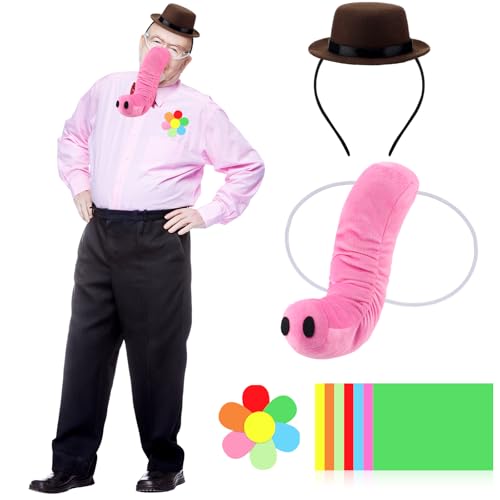 Mepase 9-teiliges Halloween-Kostüm für Erwachsene, rosa Elefanten-Kostüm-Set, rosa Elefantennasenstamm, brauner Mini-Derby-Hut, Stirnband und bunte Pappe, geeignet für Halloween-Party, Rollenspiele von Mepase