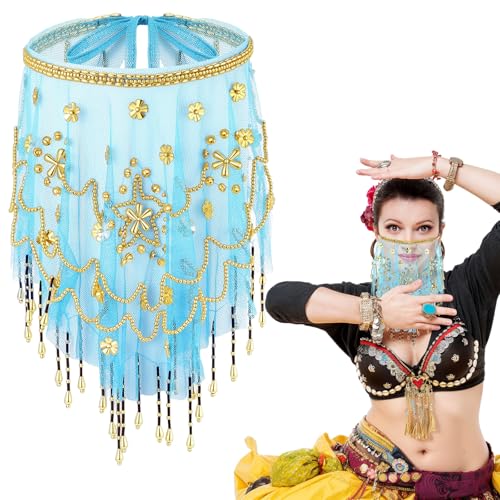 Mepase Damen Bauchtanz-Gesichtsschleier mit Perlen und Pailletten für Outfit, Halloween, Kostümzubehör, Seeblau Mepase Damen Bauchtanz-Gesichtsschleier mit Perlen und Pailletten für Outfit, Halloween, Kostümzubehör, Seeblau von Mepase