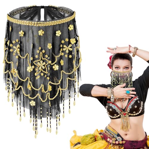 Mepase Damen Bauchtanz-Gesichtsschleier mit Perlen und Pailletten für Outfit, Halloween, Kostümzubehör (schwarz) von Mepase