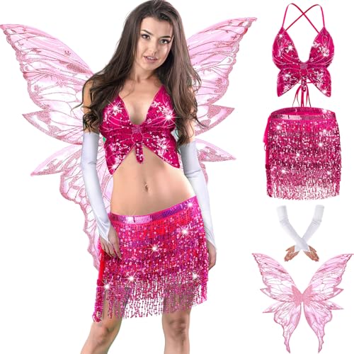 Mepase Feenkostüm-Set, Schmetterlingsflügel, Pailletten-Quaste, Rock, Bauchtanz-BH, Oberteil, Glitzer-Ärmel für Halloween, Cosplay (Rosa) von Mepase