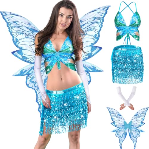 Mepase Feenkostüm-Set Schmetterlingsflügel Pailletten Quaste Rock Bauchtanz BH Top Glitzer Ärmel für Halloween Cosplay, Blau, Einheitsgröße Mepase Feenkostüm-Set Schmetterlingsflügel Pailletten Quaste Rock Bauchtanz BH Top Glitzer Ärmel für Halloween Cosplay, Blau, Einheitsgröße von Mepase