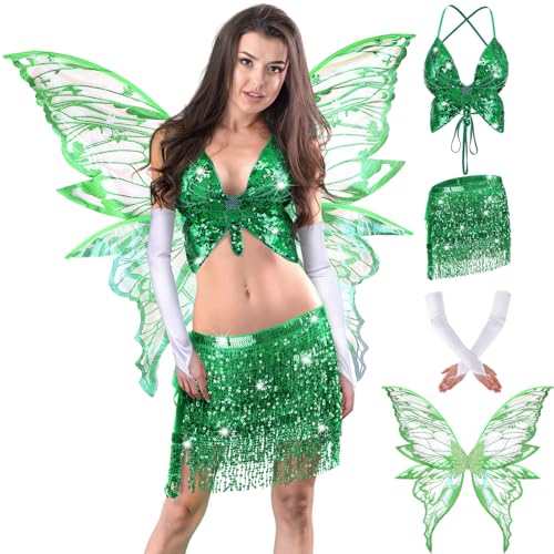 Mepase Feenkostüm-Set Schmetterlingsflügel Pailletten Quaste Rock Bauchtanz BH Top Glitzer Ärmel für Halloween Cosplay, Grün , Einheitsgröße Mepase Feenkostüm-Set Schmetterlingsflügel Pailletten Quaste Rock Bauchtanz BH Top Glitzer Ärmel für Halloween Cosplay, Grün , Einheitsgröße von Mepase