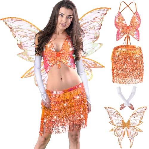Mepase Feenkostüm-Set Schmetterlingsflügel Pailletten Quaste Rock Bauchtanz BH Top Glitzer Ärmel für Halloween Cosplay, Orange/Abendrot im Zickzackmuster (Sunset Chevron), Einheitsgröße von Mepase