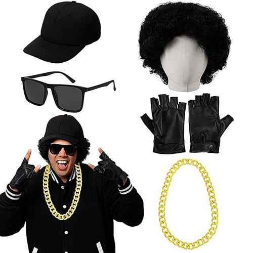 Mepase Halloween 80er 90er Jahre Hip Hop Rapper Kostüm Zubehör enthalten Kappe Afro-Perücke Sonnenbrille Gold Halskette Handschuhe für West Coast Gangsta Rap Cosplay Herren Damen Outfit von Mepase