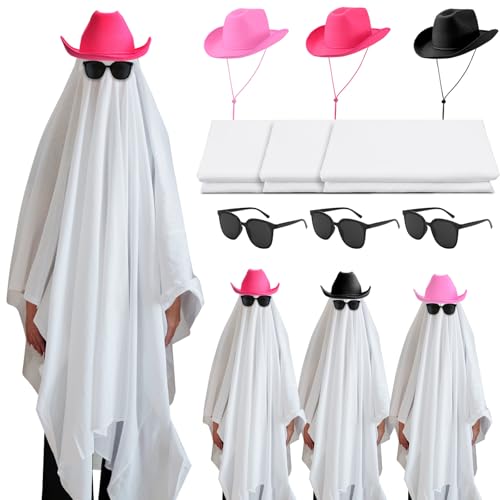 Mepase Halloween-Cowboy-Geister-Kostüm-Zubehör, volle Abdeckung, weißes Blatt, Geister-Kostüm, Cowboyhut, schwarze Sonnenbrille für Erwachsene, Halloween, Western-Spooky, Cosplay, Partyzubehör, 9 von Mepase