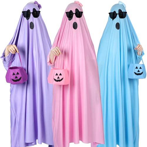 Mepase Halloween-Geister-Kostüm für Erwachsene, inklusive Kürbis-Süßigkeiten-Eimer, Tintenblau, Lila, Schleife, Stirnband, schwarze Sonnenbrille für Halloween, Party, Damen, Jugendliche von Mepase
