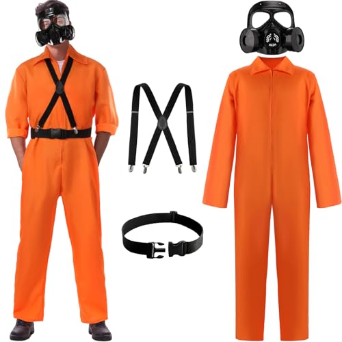 Mepase Halloween-Kostüm, orangefarbener Gefängnisinsassen-Overall mit Helmmaske für Herren, gruseliges Spiel, Cosplay, Party-Outfits, Orange/Schwarz, XL von Mepase