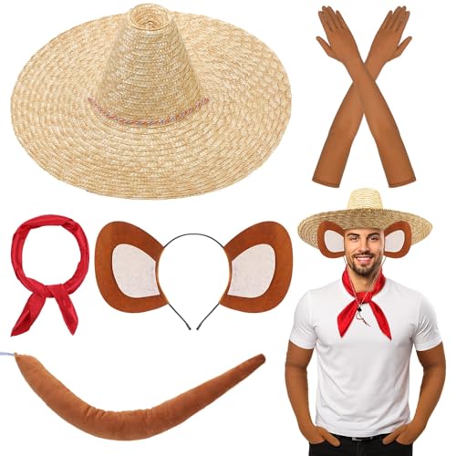 Mepase Halloween-Kostüm Mexiko-Maus für Erwachsene, übergroße Strohkappe, roter Schal, Schleife, Tiebrown, Ratten-Stirnband, brauner Rattenschwanz, Kaffee-Handschuhe für Cosplay, 5 Stück von Mepase