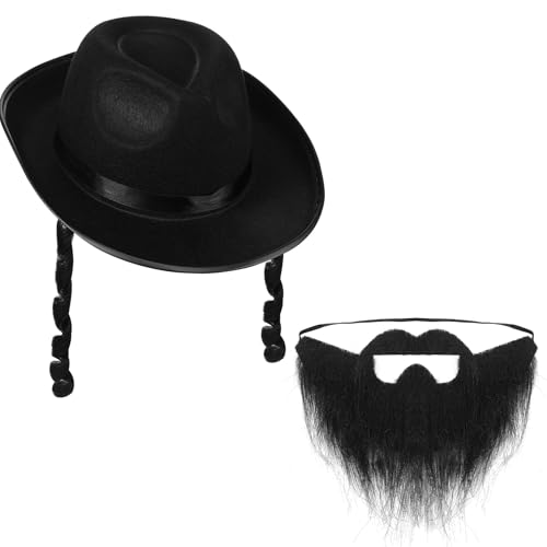 Mepase Halloween-Kostüm-Zubehör, jüdischer Hut mit seitlichen Schlössern, schwarzer Schnurrbart, Schnurrbart für Erwachsene, Halloween, Cosplay, Kostümparty, 2 Stück Mepase Halloween-Kostüm-Zubehör, jüdischer Hut mit seitlichen Schlössern, schwarzer Schnurrbart, Schnurrbart für Erwachsene, Halloween, Cosplay, Kostümparty, 2 Stück von Mepase