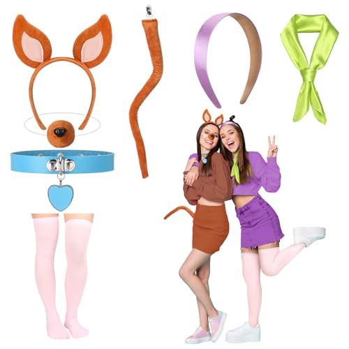 Mepase Halloween-Kostüm-Zubehör für Damen, lila, grüner Schal, rosa lange Strümpfe, braunes Welpenohren-Stirnband und Schwanznasenhalsband für Halloween, Cosplay, Party, 7 Stück Mepase Halloween-Kostüm-Zubehör für Damen, lila, grüner Schal, rosa lange Strümpfe, braunes Welpenohren-Stirnband und Schwanznasenhalsband für Halloween, Cosplay, Party, 7 Stück von Mepase