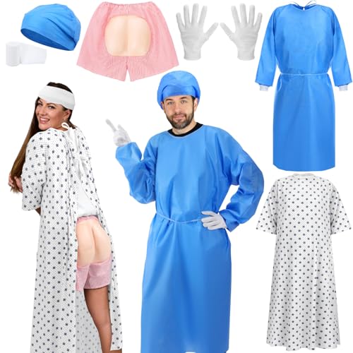 Mepase Halloween-Paar-Kostüm für Erwachsene, Arzt, Chirurgen und Patienten, Unisex, Krankenhaus-Patientenkleid, lustige Po-Shorts für Halloween, Paare, Cosplay, medizinische Themenpartys, Events, 6 von Mepase