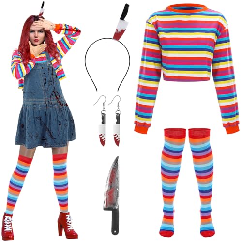Mepase Halloween-Puppenkostüm mit gestreiftem Sweatshirt, Socken, Messer-Requisite, Haarverschluss und Ohrringen, 5 Stück, Mehrfarbig, S von Mepase