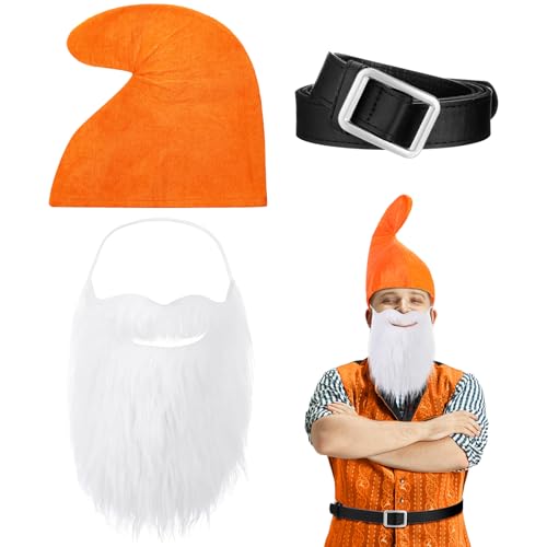 Mepase Halloween-Zwerg-Kostüm-Set, Zwergenhut mit falschem Bart und Gürtel, Zubehör für Halloween, Weihnachten, Cosplay, Party, Orange von Mepase
