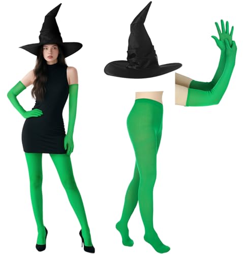 Mepase Hexenhut, Kostüm-Zubehör, grüne Handschuhe, Strümpfe für Damen, klassisch, Halloween, Film, Cosplay, Requisiten, Hexen-Mottoparty, 3 Stück von Mepase
