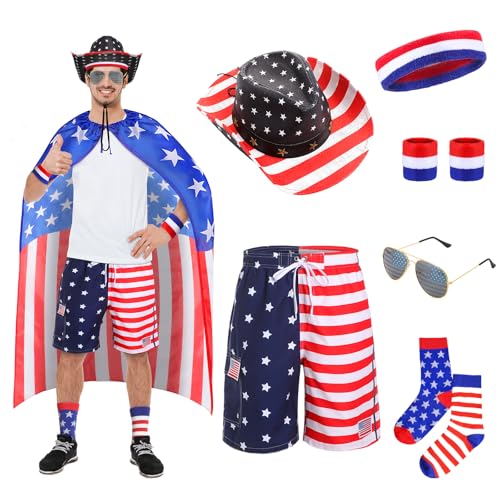 Mepase Kostüm mit amerikanischer Flagge, 4. Juli, Outfits für Herren, patriotisches Zubehör für Unabhängigkeitstag, Größe L, 7-teilig Mepase Kostüm mit amerikanischer Flagge, 4. Juli, Outfits für Herren, patriotisches Zubehör für Unabhängigkeitstag, Größe L, 7-teilig von Mepase
