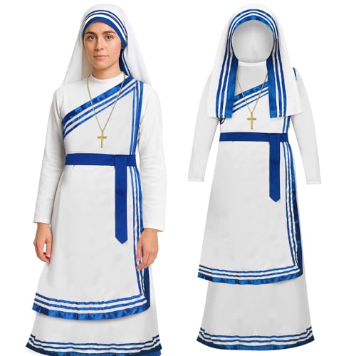 Mepase Maria-Kostüm-Set für Damen, Heiligen-Kostüm, Kleid, christliche Bibel, Nonne, Erwachsenenkleid für Cosplay, Hauptfarbe: Weiß, Blau und Gold, M von Mepase
