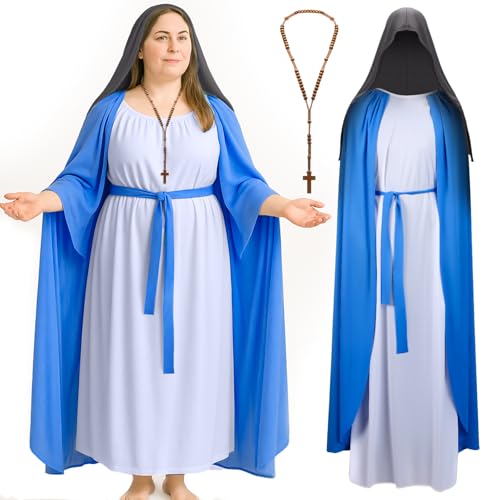 Mepase Maria-Kostüm-Set für Damen, Jungfrau Maria-Outfit mit grauem Kapuzenumhang und Kreuz-Halskette, religiöses Krippen-Kostüm für Kirche, Cosplay, Weihnachtsspiel-Outfit Mepase Maria-Kostüm-Set für Damen, Jungfrau Maria-Outfit mit grauem Kapuzenumhang und Kreuz-Halskette, religiöses Krippen-Kostüm für Kirche, Cosplay, Weihnachtsspiel-Outfit von Mepase