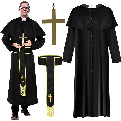 Mepase Priester-Kostüm für Erwachsene, Herren, mittelalterliches Priester-Kostüm mit Gewand, Gürtel, Kreuz, für Halloween, Cosplay, Party, Größe XXL, 4 Stück von Mepase