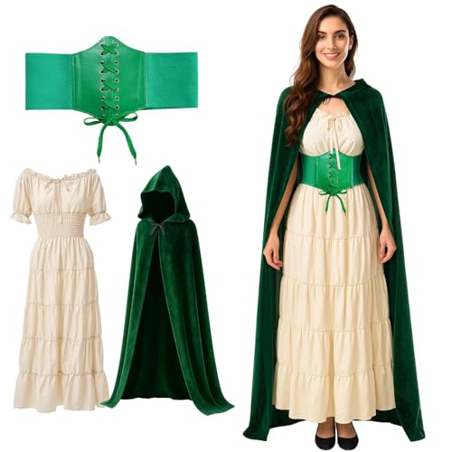 Mepase Renaissance-Kostüm für Damen, mittelalterliches Piraten-Bauernkleid, Samt, Kapuzenumhang, Korsettgürtel für Halloween, Grün , M Mepase Renaissance-Kostüm für Damen, mittelalterliches Piraten-Bauernkleid, Samt, Kapuzenumhang, Korsettgürtel für Halloween, Grün , M von Mepase