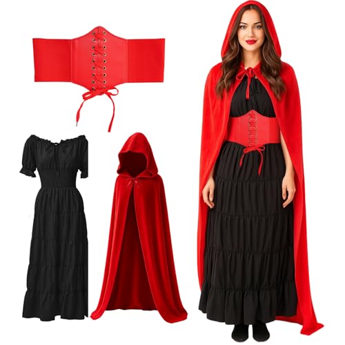 Mepase Renaissance-Kostüm für Damen, mittelalterliches Piraten-Bauernkleid, Samt, Kapuzenumhang, Korsettgürtel für Halloween, Rot/Ausflug, einfarbig (Getaway Solids), Large von Mepase