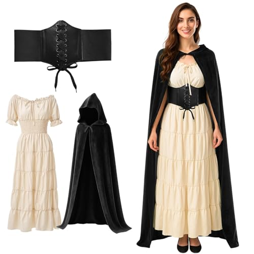 Mepase Renaissance-Kostüm für Damen, mittelalterliches Piraten-Bauernkleid, Samt, Kapuzenumhang, Korsettgürtel für Halloween, Schwarz, M Mepase Renaissance-Kostüm für Damen, mittelalterliches Piraten-Bauernkleid, Samt, Kapuzenumhang, Korsettgürtel für Halloween, Schwarz, M von Mepase