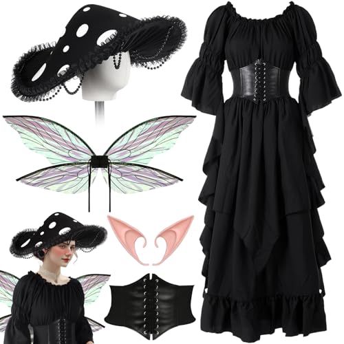 Mepase Renaissance-Mittelalter-Kostüm mit Pilzhut, Gürtel, Fee, Elfenohren, Fee, Schmetterlingsflügel, Kostüm für Cosplay, Schwarz, Größe S/M Mepase Renaissance-Mittelalter-Kostüm mit Pilzhut, Gürtel, Fee, Elfenohren, Fee, Schmetterlingsflügel, Kostüm für Cosplay, Schwarz, Größe S/M von Mepase