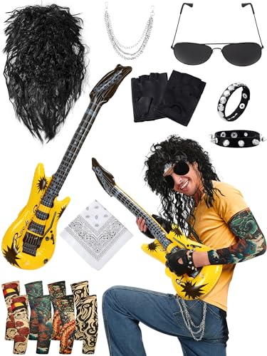 Mepase Rocker-Kostüm für Herren, 80er-Jahre-Kostüm, inkl. Hippie-Perücke, Sonnenbrille, Hosenkette, Armband, Stirnband, Tattoo-Ärmel, Biker-Handschuh und Gitarren-Requisiten, Punk-Party-Zubehör, 12 von Mepase
