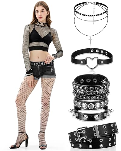 Mepase Rockstar-Outfit für Damen, Fischnetz-Bluse, Strumpfhose, PU-Gürtel, Halskette, Armband, für 80er-Jahre-Punk-Frauenkostüm, 6 Stück Mepase Rockstar-Outfit für Damen, Fischnetz-Bluse, Strumpfhose, PU-Gürtel, Halskette, Armband, für 80er-Jahre-Punk-Frauenkostüm, 6 Stück von Mepase
