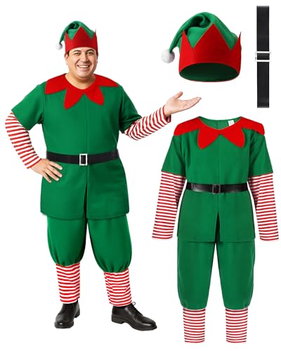 Mepase Weihnachtselfenkostüm für Herren, Weihnachtsmann-Helfer-Kostüm, mit Hut, Gürtel, Cosplay-Anzug für Weihnachten, Erwachsene, Kostümparty, 4 Stück Mepase Weihnachtselfenkostüm für Herren, Weihnachtsmann-Helfer-Kostüm, mit Hut, Gürtel, Cosplay-Anzug für Weihnachten, Erwachsene, Kostümparty, 4 Stück von Mepase