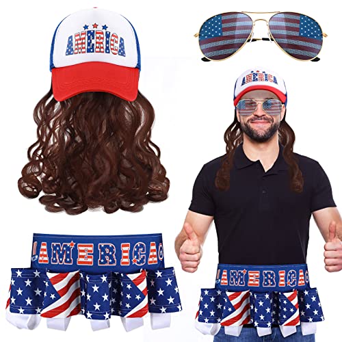 Vokuhila-Perücken für Herren, patriotischer Getränkegürtel, amerikanische Flagge, Sonnenbrille, Vokuhila-Hut, braune Perücke, klassisch, Unabhängigkeitstag, Party, Kostüm für Männer und Frauen, 3 Vokuhila-Perücken für Herren, patriotischer Getränkegürtel, amerikanische Flagge, Sonnenbrille, Vokuhila-Hut, braune Perücke, klassisch, Unabhängigkeitstag, Party, Kostüm für Männer und Frauen, 3 von Mepase