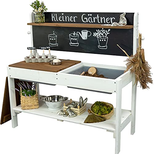Meppi Matschküche Kleiner Gärtner, Weiss - braun - Outdoorküche aus Holz/Pflanztisch für Kinder/Basteltisch für draußen von Meppi