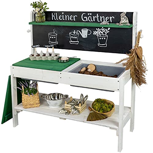 Meppi Matschküche Kleiner Gärtner - Outdoorküche aus Holz - Pflanztisch für Kinder/Basteltisch - Weiss/grün von Meppi